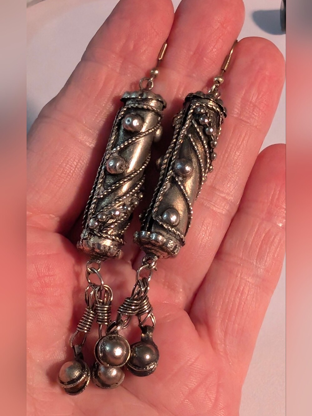Vintage Tribal "Hirz" Amulet Tube Dangle Earrings.